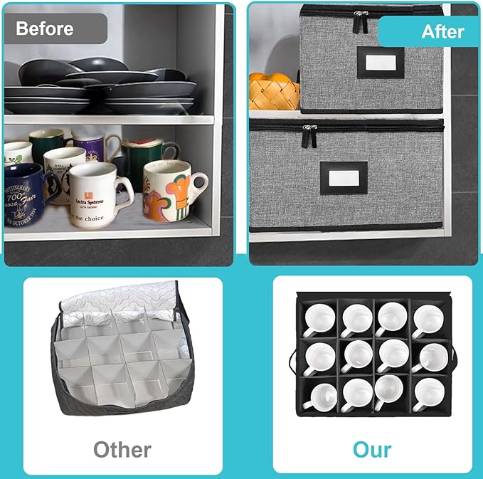 5 PACK China Storage Containers-Quilted Mug Storage and Moving Boxes for Dishes,Dish Packing Supplies for Moving,Dinnerware &Accessories,Holds a total of 48 plates (4 sizes) and 12 cups(Grey)