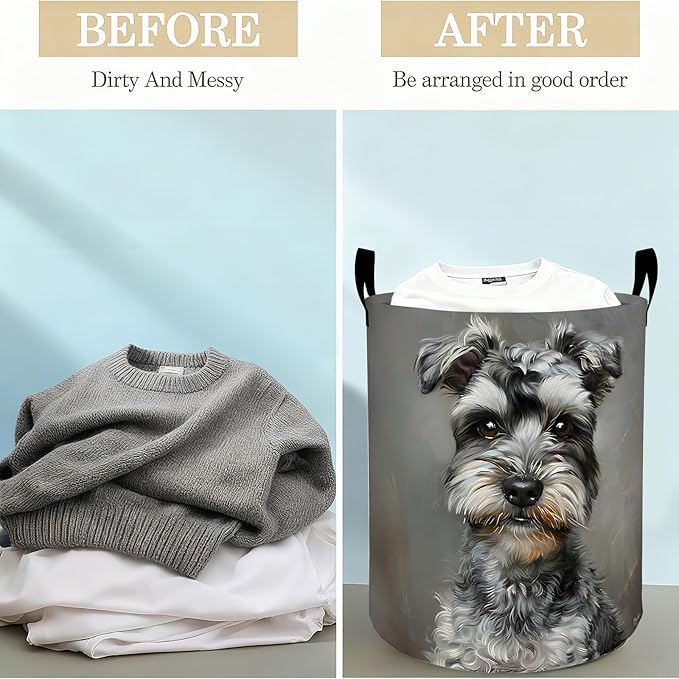 Miniature Schnauzer Laundry Basket Hamper for Boys Girls Kids Adults, Foldable Waterproof Oxford Clothes Storage Bin, Dog Organizer for Bedroom Bathroom Room Decor 19.7"x15.8"