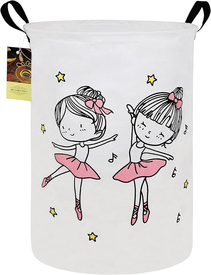HUNRUNG Laundry Hamper,Large Canvas Fabric Lightweight Storage Basket Toy Organizer Dirty Clothes Collapsible Waterproof for College Dorms, Children Bedroom,Bathroom（Round-Dancing girl）