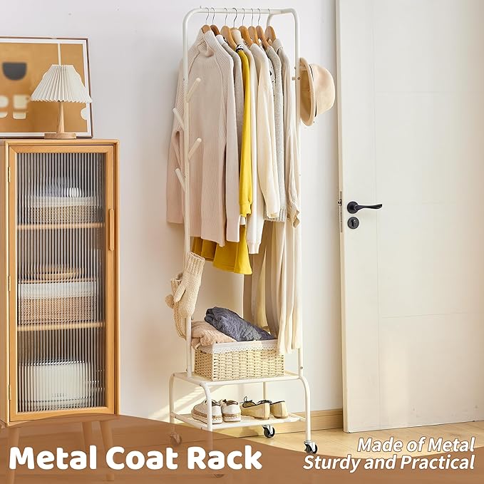 FILWH Rolling Coat Rack with Storage Shelf Freestanding Coat Rack Hall Tree with 6 Hooks for Entryway, Bedroom Metal Clothes Hanger Stand for Hats, Jackets, Bags,Shoes (White, Double-layer)
