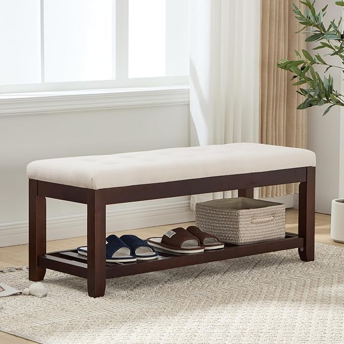 Shoe Bench Entryway, 44" End of Bed Bench,Upholstered Linen Bench for Living Room,Fabric Ottoman Bench with Solid Wood Shelf for Bedroom, Entrance Beige