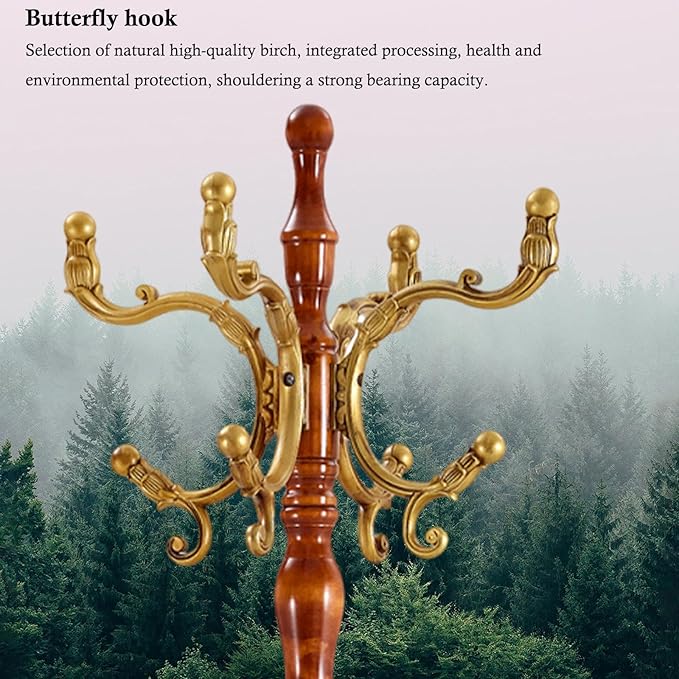 Coat Rack Stand, Solid Wooden Coat Tree with 14 Hooks, Heavy Duty Coat Rack Freestanding with Sturdy triangle Base, Natural Birch Wood Coat Hanger Stand for Entryway Bedroom (Begonia H12)