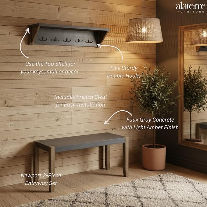 Alaterre Furniture Newport 40" Coat Hook with Shelf and Faux Concrete Bench Set