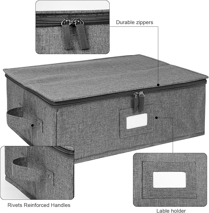 popoly Platter Storage Case, China Storage Containers Hard Shell 17" x 13" x 6", 5 Felt Dividers Included, Structured Top and Stackable (Linen Grey)