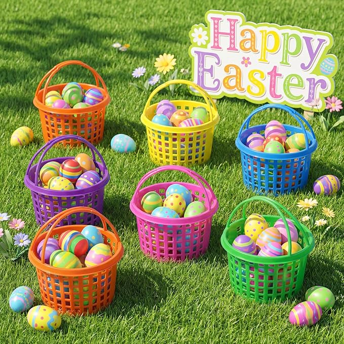 18PCS Easter Small Plastic Baskets with Handles Bulk, 70g Faux Grass Confetti Strips Accessories Filler Stuffers for Spring Decorations Party Supplies Favors