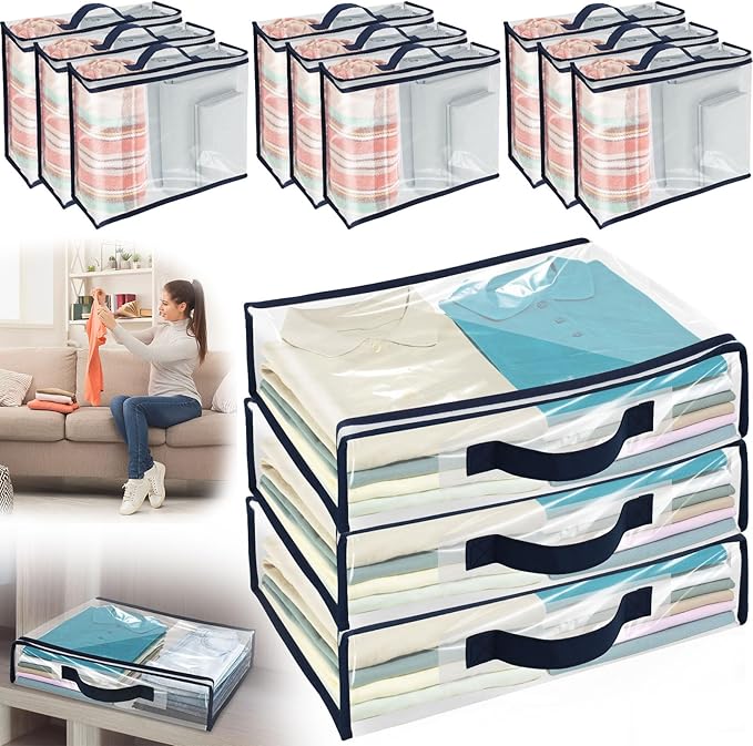 12 Pack Clear Storage Bags with Zipper,12L Plastic Blanket Storage Bags Waterproof Moving Bags Foldable Closet Organizer Handle for Clothing Bedding Linen Sweater Bed Sheet Clothes,15.7x11.8x3.9 Inch