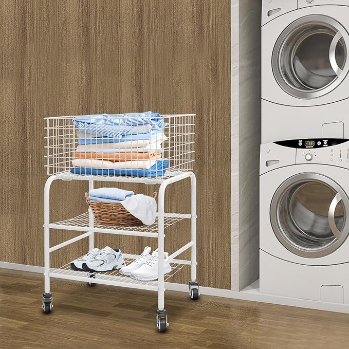 Wire Rolling Laundry Baskets with Wheels, 3 Tier Garment Storage Cart, Commercial Wire Laundry Cart, 66lbs Load Capacity, Garment Metal Rack for Clothes Wash and Dry Sort (White)