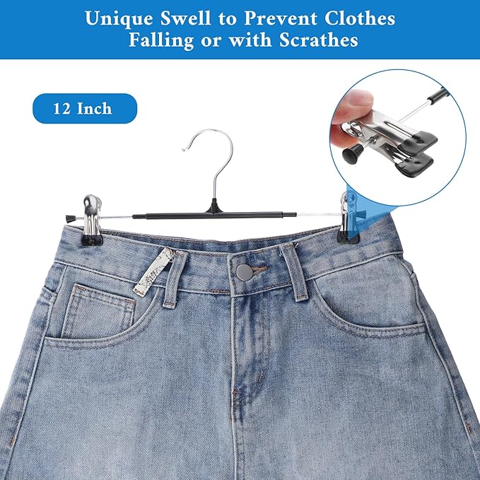 30 Pack Pants Hangers with Clips Adjustable Skirt Hangers for Women Non-Slip Trousers Hanger for Jeans Clothes Hanger for Pants Heavy Duty Space Saving Shorts Clothes Rack Black 12Inch