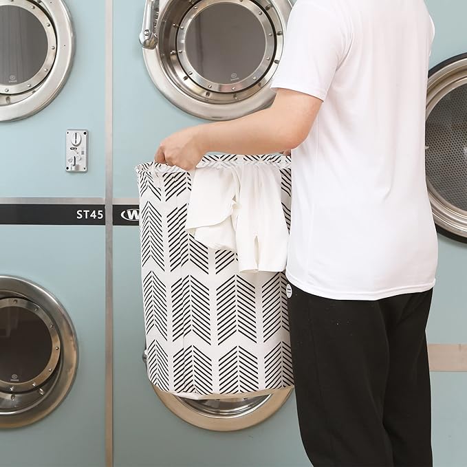 Sea Team 19.7 Inches Large Sized Waterproof Coating Ramie Cotton Fabric Folding Laundry Hamper Bucket Cylindric Burlap Canvas Storage Basket with Stylish Fishbone Black Design