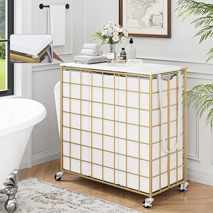 Laundry Basket with Wheels, Heavy Duty Laundry Sorter 3 Sections, 140L (37Gal.) Large Capacity Laundry Hamper with Wood Lid, 360 Rolling Wheels, Extra Side Pocket, Leather Pull Handle, Golden+Beige