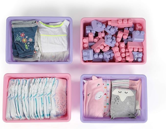 Humble Crew Toy Storage Bins for Kids, Set of 4, Pink/Purple, Large - Sturdy, Colorful Plastic Storage Bins for Classroom, Playroom, Nursery, and More - Premium Toddlers Toy Organizer Bins