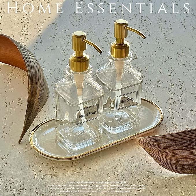 JASAI Antique Square Glass Soap Dispenser with Golden Rust Proof Pump, Refillable soap Dispenser with 10Pcs Stickers for Kitchen, Dish Soap Dispenser for Kitchen Bathroom Soap, Hand soap, Lotion.
