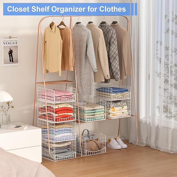 4-Tier Stackable Closet Organizers and Storage Shelves, Foldable & Mutifunctional Clothes Storage Basket Sweater Organizer Bins Container for Wardrobe Kitchen Office Bathroom, White