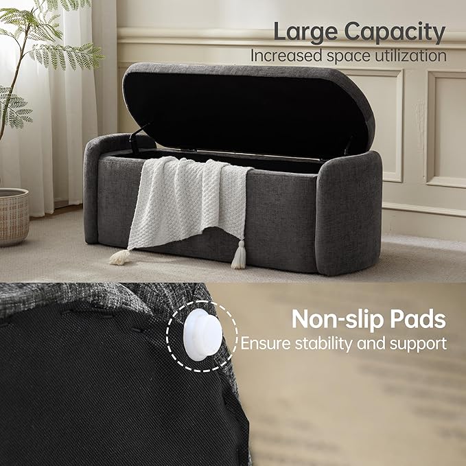 VKNOW Oval Storage Ottoman Bench, 46" Upholstered End of Bed Bench Ottomans Bench Foot Rest, Sherpa Storage Bench for Bedroom, Living Room and Hallway, Dark Grey