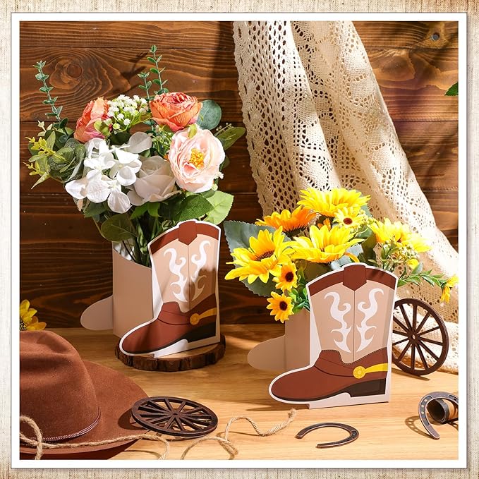 8 Set Western Cowboy Boots Flower Boxes Centerpiece Boot Shape Gift Boxes Western Party Decoration Vase Centerpieces for Table Rodeo Birthday Baby Shower Wedding Supplies(Brown)