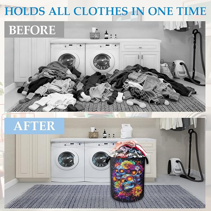 Skull Flowers Laundry Basket Collapsible Laundry Hamper Clothes Toy Storage Bin for Bathroom Bedroom Room Decor 16" X 20.8"