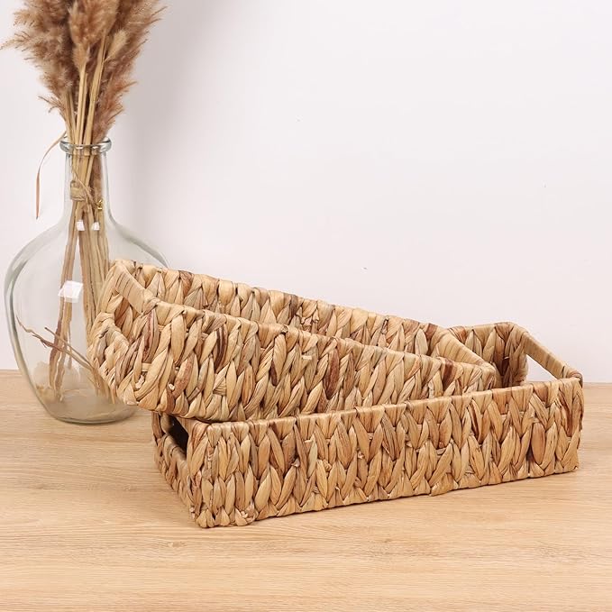 Wicker Storage Baskets with Handle Water Hyacinth Basket for Organizing Decorative Storage Bins for Countertop Toilet Tank Boho Rectangular Home Organizer (Natural, Set of 2)