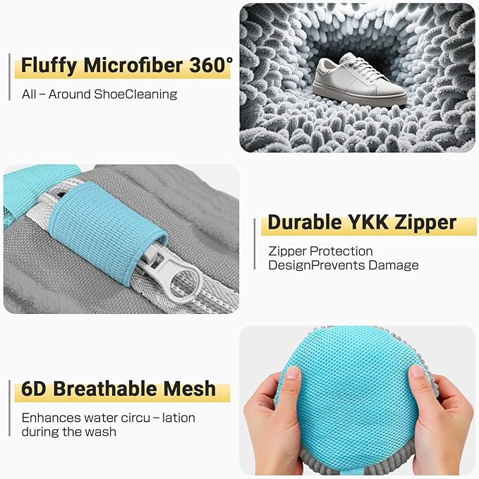 Shoe Washing Machine Bag,Reusable Laundry Cleaning bags for Washer and Dryer Fluffy Fibers 360° Wrap-Around Cleaning for All Shoes with Adjustable Shoe Trees & Dust-Proof Bag (Grey 4Pcs)