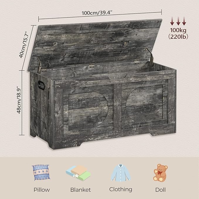Storage Chest, 39.4” Toy Box, Entryway Storage Trunk, Shoe Bench with Storage, Engineered Wood Storage Cabinet with 2 Safety Hinges, Entrance Bench for Living Room, Vintage Gray SCRP2001