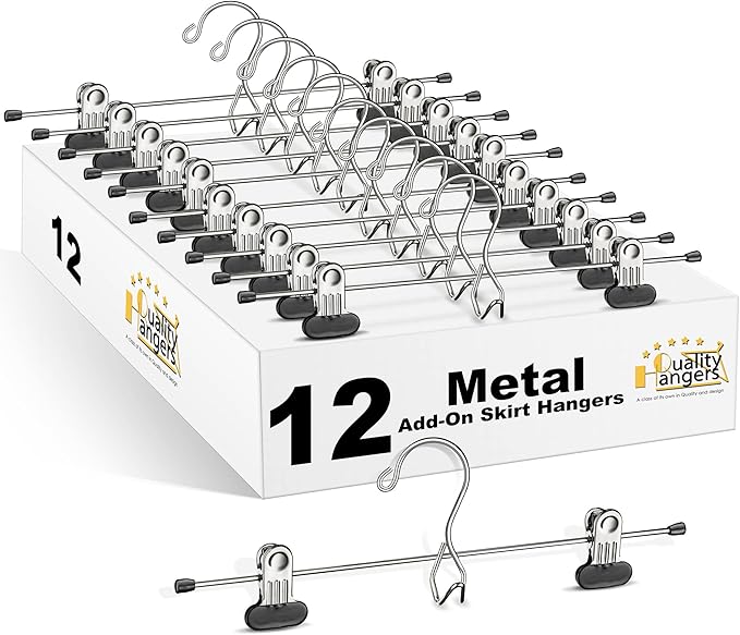 12 Quality Pants Hangers Heavy Duty Add-on Skirt/Slack Metal Hanger, Extra Wide Adjustable Clips, Multi Stackable Add on Hangers, Chrome, Jeans, Bottoms (12)