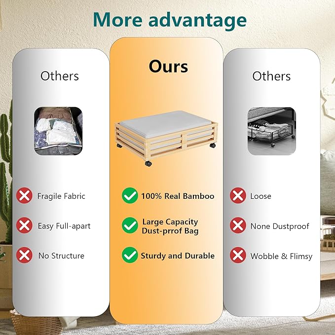 Wisuce Bamboo Under Bed Storage Containers- Underbed Organizer with Wheels with Large Dust Bag,Sturdy Wood Rolling Under the Bed Shoe Storage Organizer Drawer 2 Packs (Nature, Small)