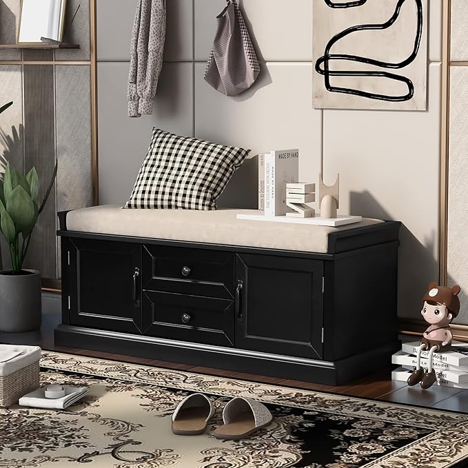 Knocbel 42.5" Entry Storage Bench with Removable Cushion, 2 Drawers and 2 Cabinets, Entryway Hallway Foyer Shoe Bench End of Bed Bench with Aluminum Handles, 200lbs Weight Capacity (Black)