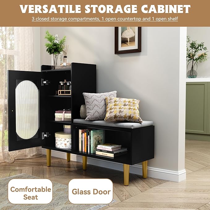 HLR Storage Bench with Glass Door&Shelf, Modern Entryway Shoe Cabinet Bench with Padded Seat, L-Shaped Storage Cabinet for Hallway, Bedroom, Living Room, Office, Black