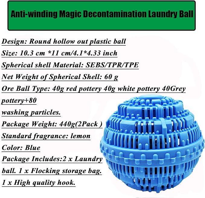 2Pcs Premium Washing Ball, Super Soft Shell Doesn't Hurt Clothes, Advanced ceramic balls, Eco-Friendly Laundry Balls,2000 Washing Cycle Laundry Balls, All Natural Detergent(Benzo Blue)