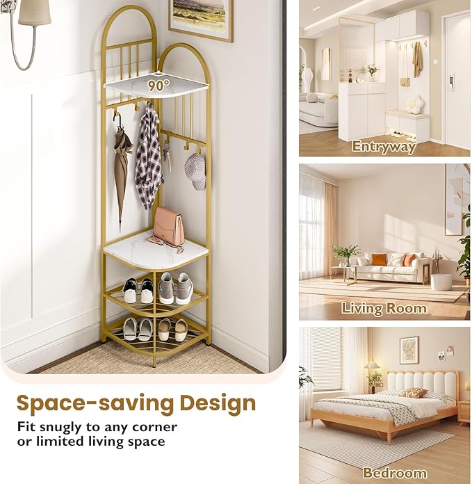 Tangkula Corner Hall Tree, 71 Inch Tall Entryway Coat Rack with Shoe Bench & 4 Storage Shelves, 6 Movable Hooks, Freestanding Metal Corner Clothes Rack for Bedroom Hallway Living Room
