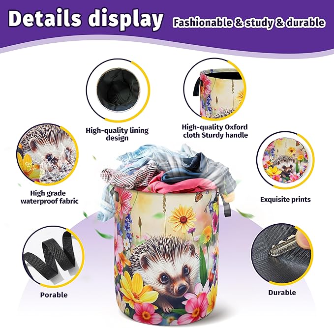 Hedgehog Laundry Basket Oxford Cloth 18.9H x 16.5Dia Foldable with Reinforced Handle Portable Colorful Flowers Storage Organizer for Home Laundry/Bedroom/Kids Room