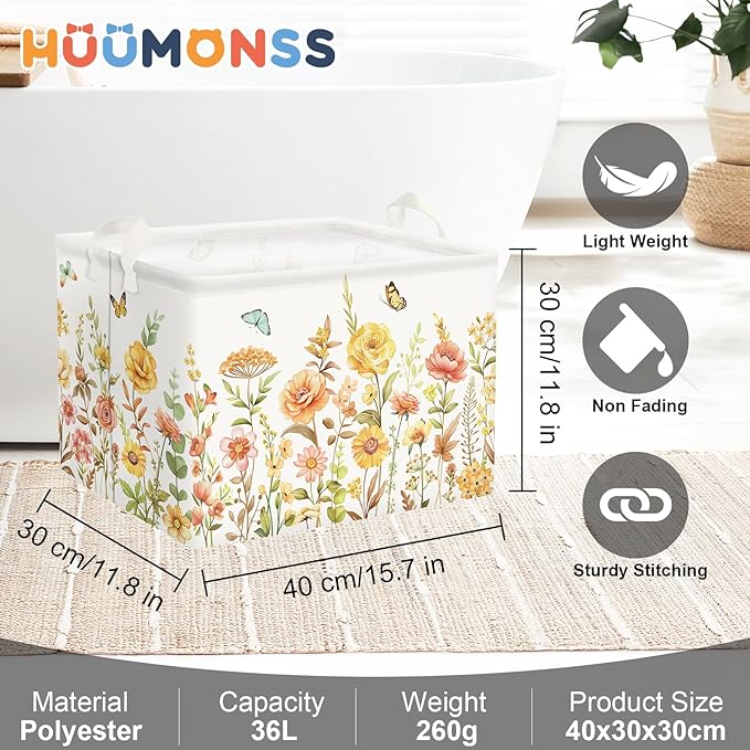 Colourful Flowers Laundry Hamper Large Storage Basket Floral Collapsible Adult Organizer Kids Toy Clothes Bins for Bedroom, Bathroom, Boho Plants, 36L