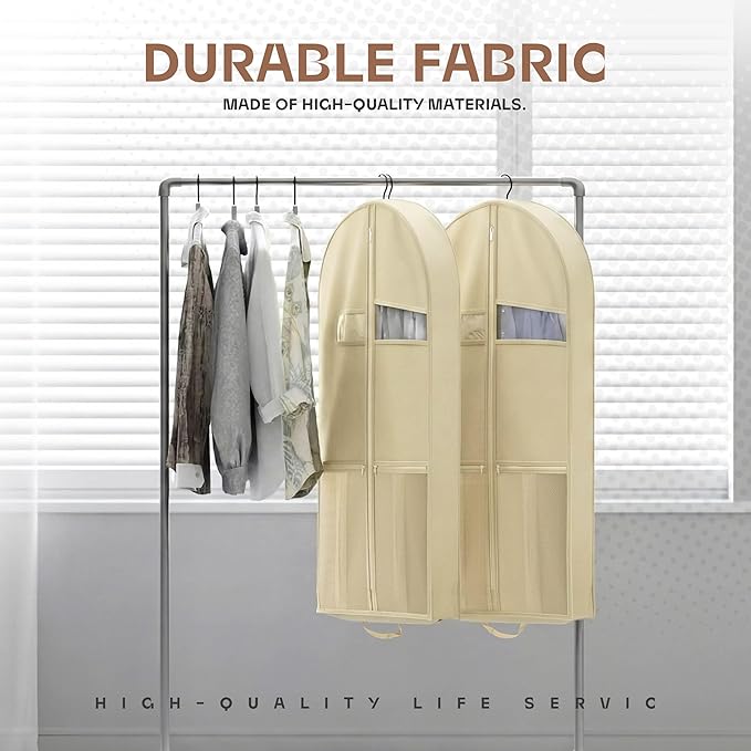 43" Travel Garment Bag with Accessories Zipper Pocket, Heavy Duty Suit Bag for Suits, Tuxedos, Dresses, Coats, Beige, 1 pack