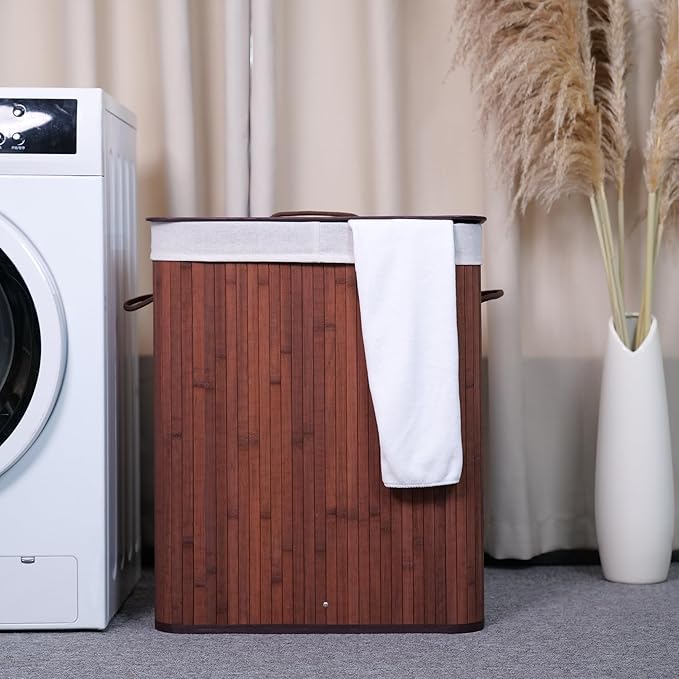 GarveeHome Folding Bamboo Laundry Hamper with Lid, 28 Gal /106L Wooden Laundry Basket with Washable Liner Bag, Slim Clothes Storage Hamper for Small Bedrooms Apartments Dorms, Brown