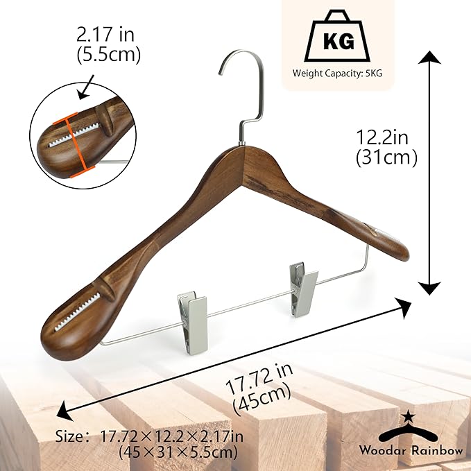 Luxury Wide Shoulder Wooden Coat Hangers with Pants Bar, Clips, Solid Wood Jacket Clothes Hangers Smooth Finish for Sweater Suit Dress Pants Sport Coats (Dark Brown, 6 Pack)
