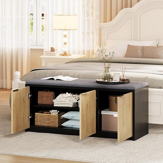 2-Tier Shoe Storage Bench with 3 Doors & Adjustable Shelf, Removable Padded Seat Cushion, 41.3" Entryway Bench for Living Room, Bedroom, Hallway – Wood Grain & Black Modern Farmhouse Design