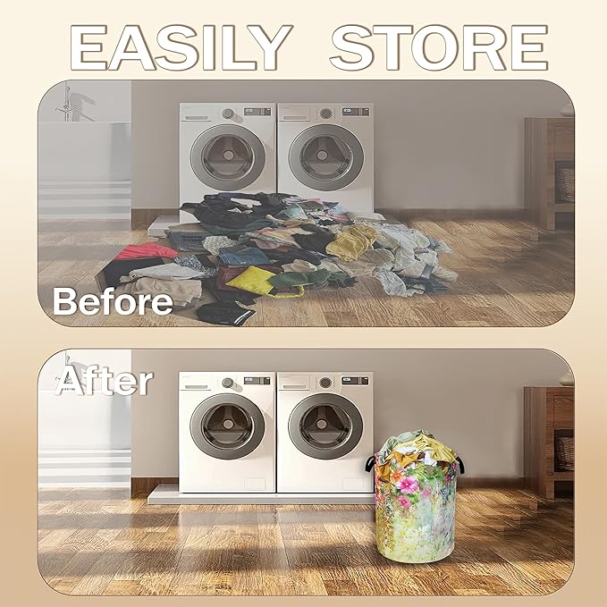 Laundry Hamper,Spring Flowers Laundry Basket,Colorful Floral Portable Collapsible Laundry Room Organization Storage for Dorm Room,Nursery,Bathroom,Bedroom,16x20 Inch
