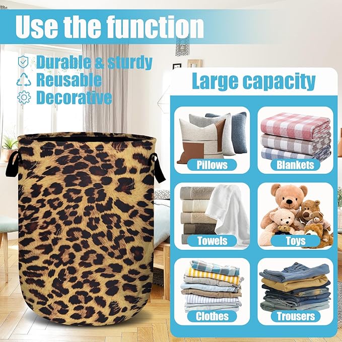 Brown Leopard Laundry Basket, Laundry Hamper Collapsible Oxford Cloth with Handle Clothes Toy Storage Bin for Bathroom Laundry Room Bedroom 15.7 X 20 Inch