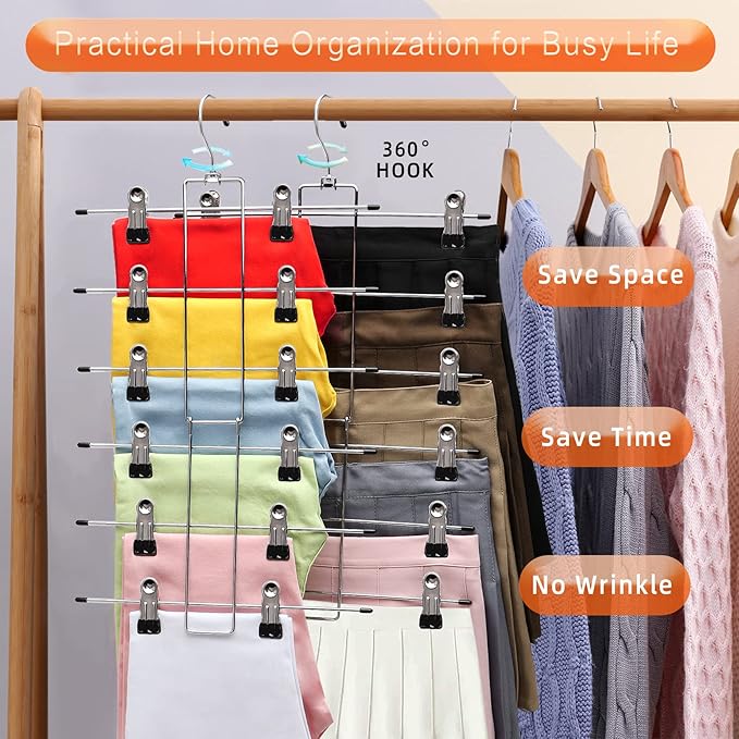 4 Pack Pants-Hangers-Space-Saving,6 Tier-Closet-Organizers-and-Storage Skirt Hooks with Clips,Closet-Organizer-Clothes-Organization-and-Storage Jeans Scarf Holder,College-Dorm-Room-Essentials Decor