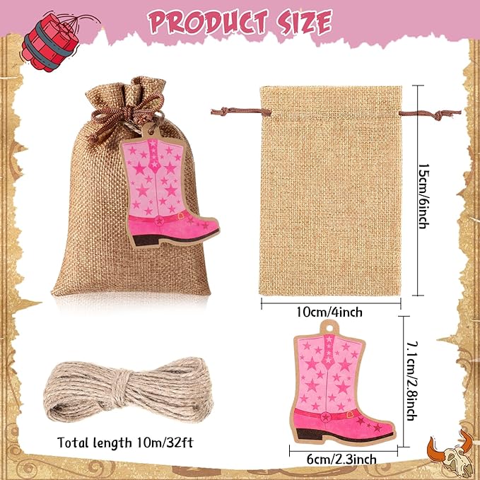 Mooliwe 50 Pcs Burlap Drawstring Bags with Boot Shape Tags, Western Cowgirl Gift Sacks Bulk 4 x 6 Inches Reusable Burlap Candy Pouch for Bachelorette Cowboy Baby Shower Wedding Party Favor(Pink)