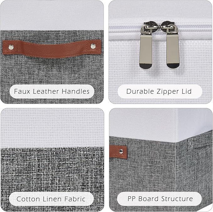 2 Pack Storage Boxes with Zipper Lid Cotton Linen Fabric Lidded Storage Bins Baskets Foldable Washable Closet Shelf Clothes Organizer Container Faux Leather Handles (Gray White, Large)