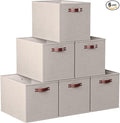 Ornavo Home 13 x 15 x 13 Kallax Storage Cube Bins, Foldable Collapsible Fabric Storage Bins Box Linen Shelf Basket Cube Organizer for Closet with Leather Handles, 6 Pack, Beige