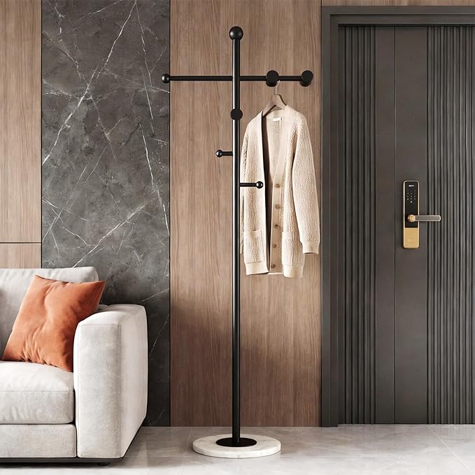 68.9 Inch tall Modern Coat Rack,Black coat tree freestanding heavy duty,Heavy-Duty Metal Coat Rack Stand with Sturdy Marble Base for Entryway,Hallway,Bedroom,Holds Coats Hats Bags Scarves