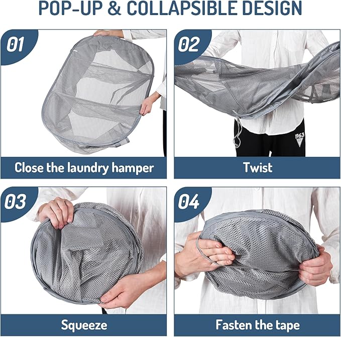 Seiritex Mesh Popup Laundry Hamper 3 Compartment Sortable Horizontal Collapsible Laundry Basket for Clothes Laundry Room Bedroom Toys Travel (Gray)