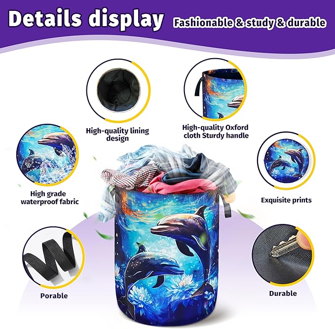 Dolphin Lotus Laundry Basket Ocean Foldable Oxford Cloth With Handle Portable Fish Storage Basket Organizer Suitable For Laundry Room/Living Room/Bedroom/Children'S Room (18.9 X 16.5 Inch)