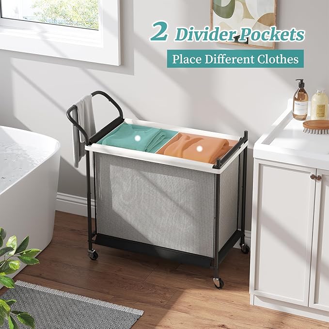 Laundry Hamper with Wheels - 2 Section Laundry Basket 160L, Removable Washable Bags, Height-Fitted Rolling Laundry Cart for Laundry Room & Bedroom