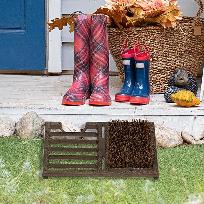 MyGift Boot Brush Scraper Outdoor, Heavy Duty Cast Iron Shoe Scraper Mat, Boot Dirt Cleaner Brush, Vintage Rustic Black Angled, Dark Brown