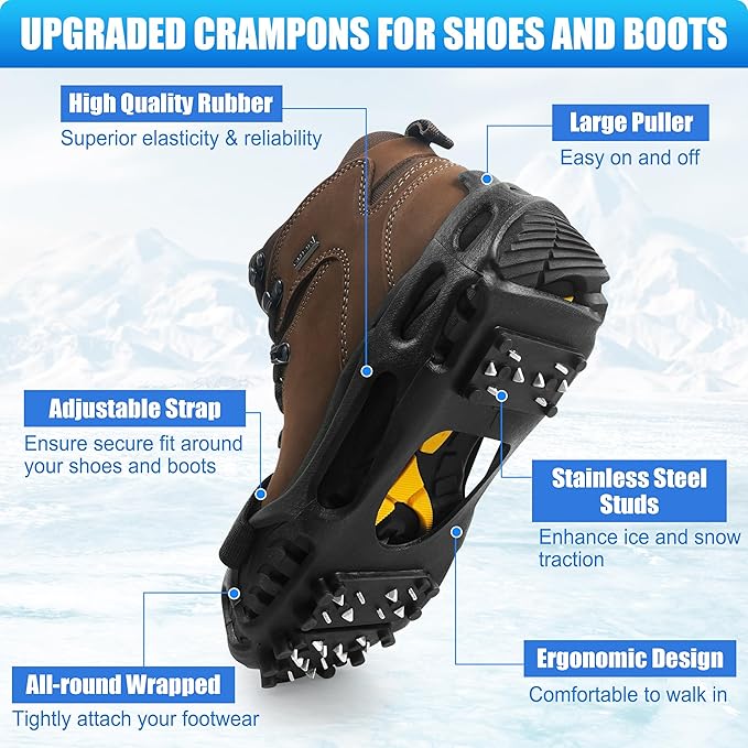 Ice Snow Cleats for Shoes and Boots Non Slip Crampons Ice Shoes Grippers 28 Studs Walk Traction Cleats for Women Men with Adjustable Straps for Hiking Walking Ice Fishing