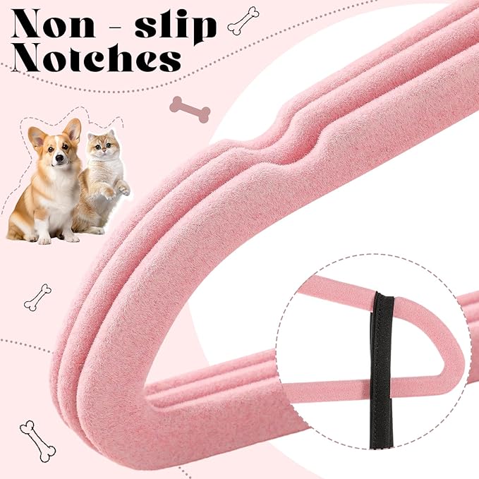 Weysat 24 Pcs Dog Clothes Hangers 11'' Non-Slip & 360° Swivel Velvet Small Pet Pink Hangers for Cats/Dogs with Rustproof Metal Hooks, Space-Saving for Home Storage & Grooming Salons Minimalism