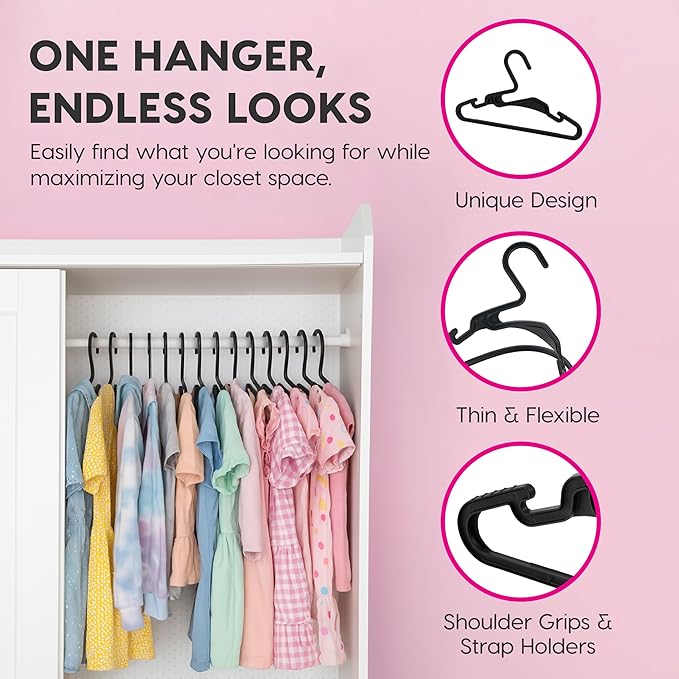 IRIS USA Extra Small Hangers 50 Pack, 11.87" W x 6.75" H, Clothes Hangers with Shoulder Grooves, S- Shaped Design, for Shirt Dress, Durable Flexible, Space Saving Laundry Room Closet Organizer, Black