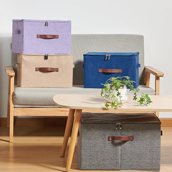 2 Pack Storage Bins with Zipper Lid Cotton Linen Fabric Lidded Storage Baskets Boxes Foldable Washable Closet Shelf Clothes Organizer Container with PU Leather Handles (Purple, Small)
